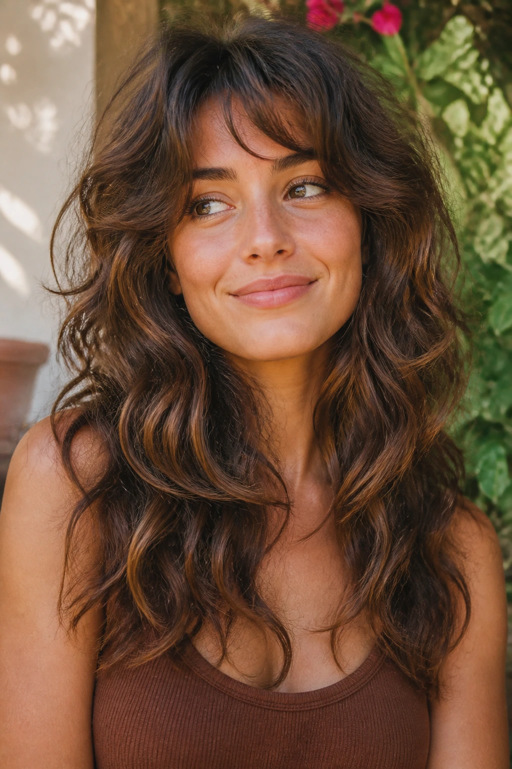 Close-up portrait of a real woman with dense waves air-dry shag