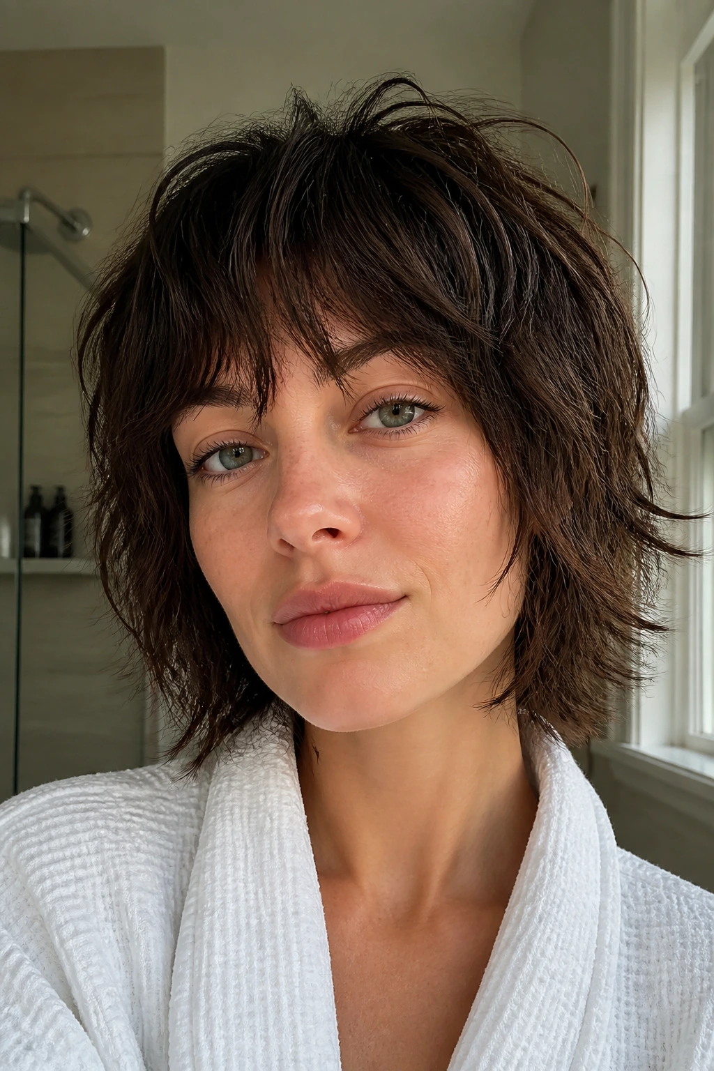 Close-up of a real woman with air-dry shag texture in a bathroom setting