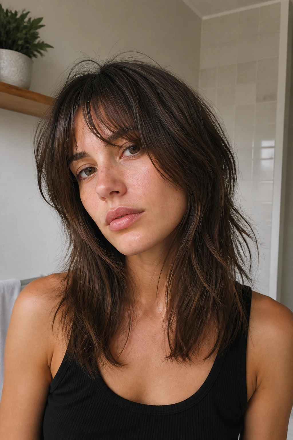 Portrait of a real woman with Air-Dry Shag on straight hair