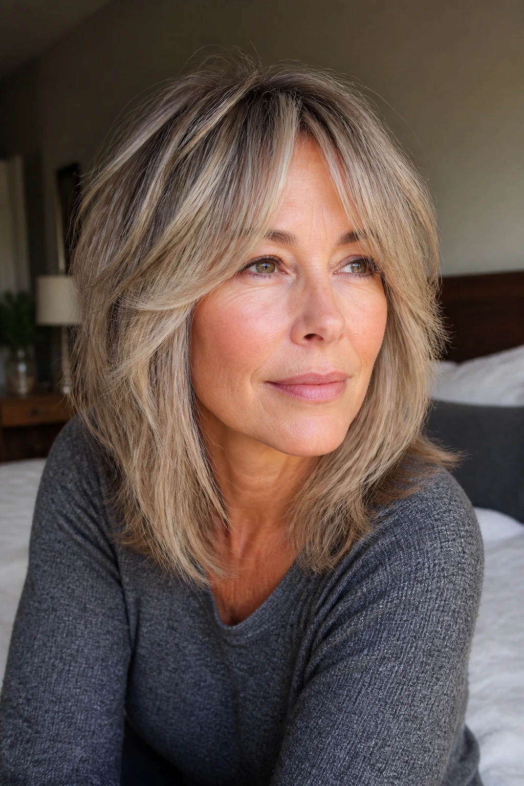 Portrait of a real woman with air-dry shag and internal layers in a cozy bedroom