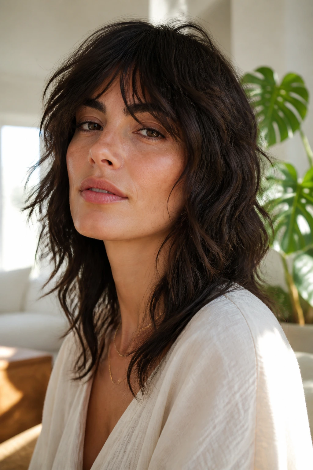Close-up of a real woman with air-dry shag and invisible layers in a bright living room