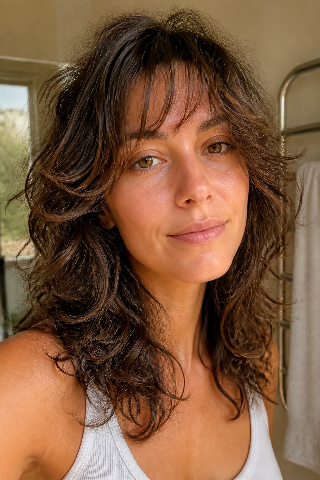 Close-up of a real person with air-dry shag and soft long fringe