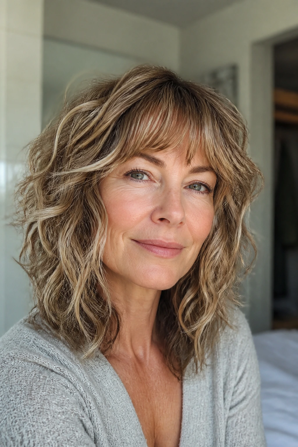 Close-up of a real woman with air-dry shag in bathroom morning light