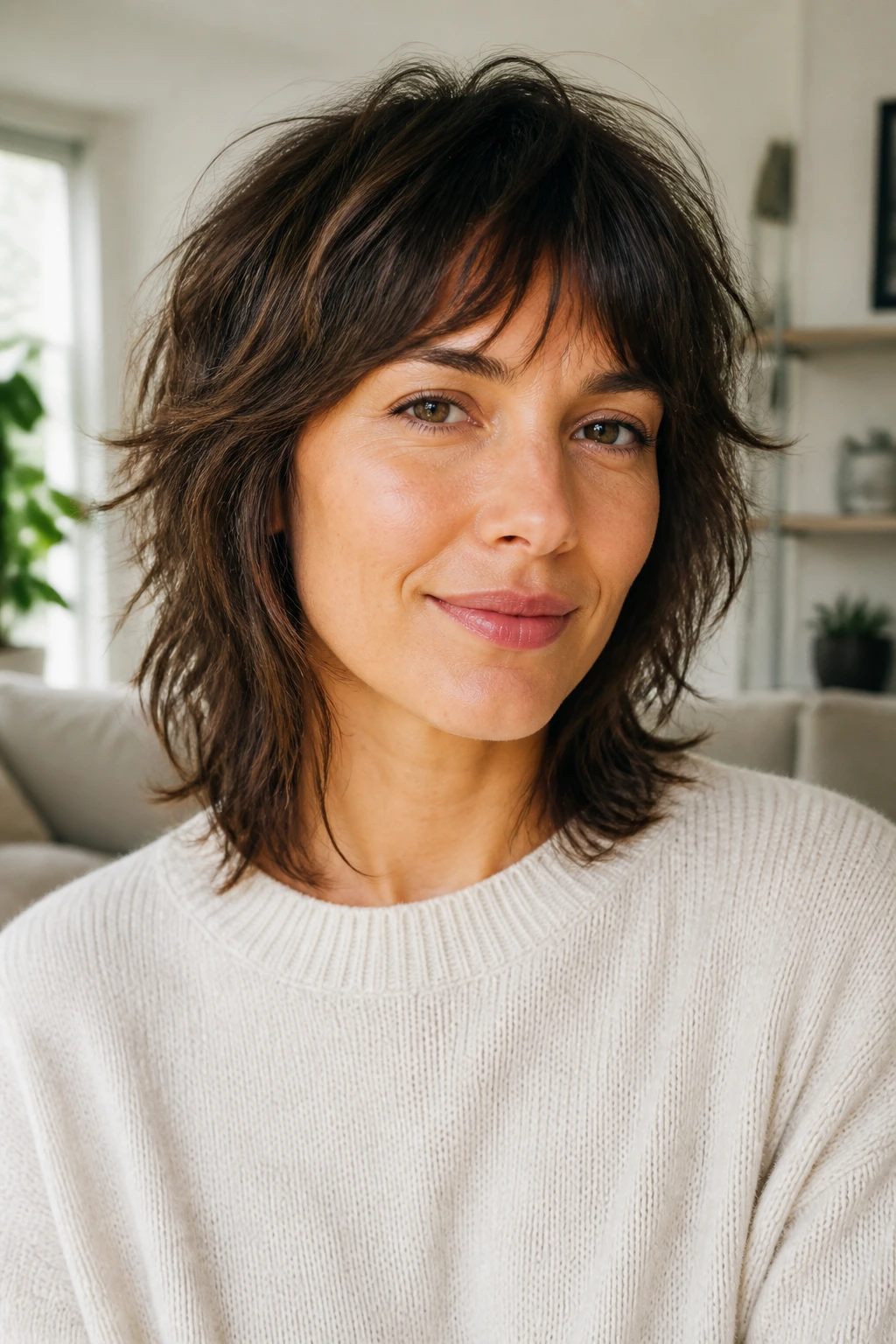 Close-up of a woman with an air-dry shag in a bright home setting