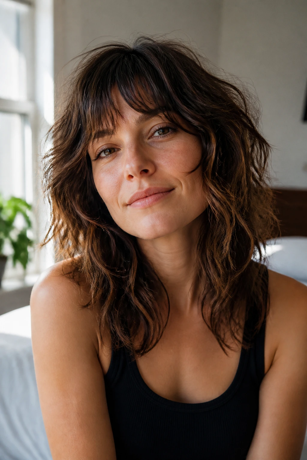 Close-up portrait of a real person with Air-Dry Shag for natural waves in a sunlit room.