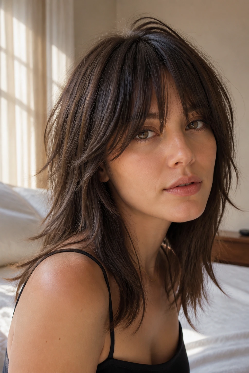 Close-up of a real woman with an air-dry shag in warm window light