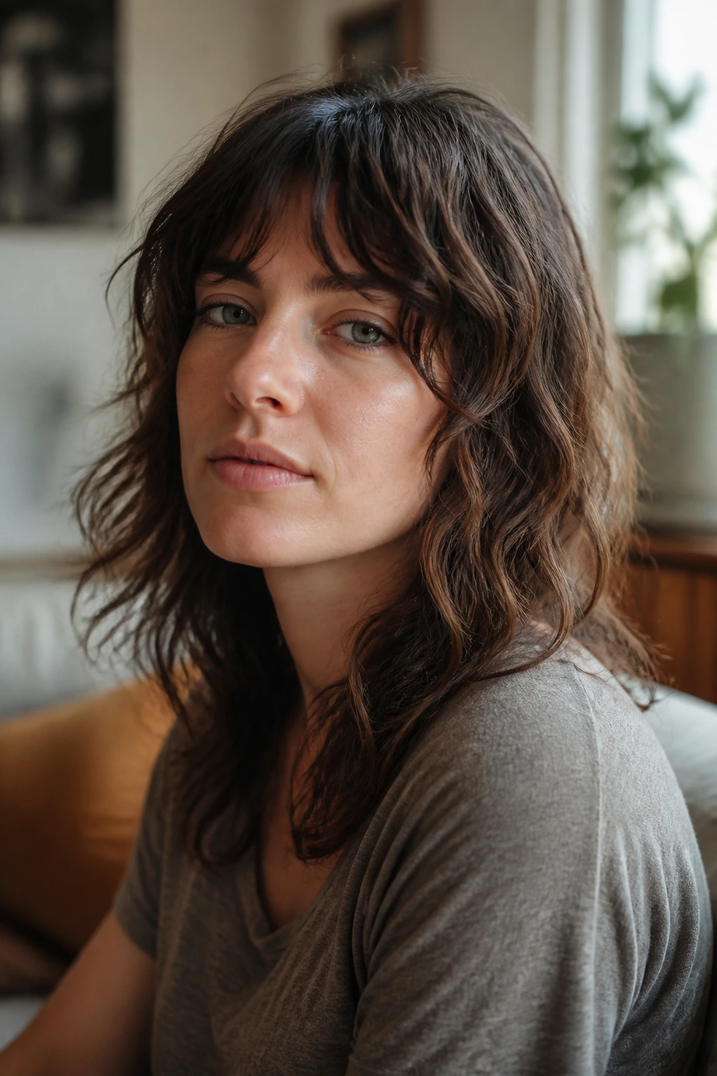 Close-up portrait of a woman with air-dry shag and natural waves