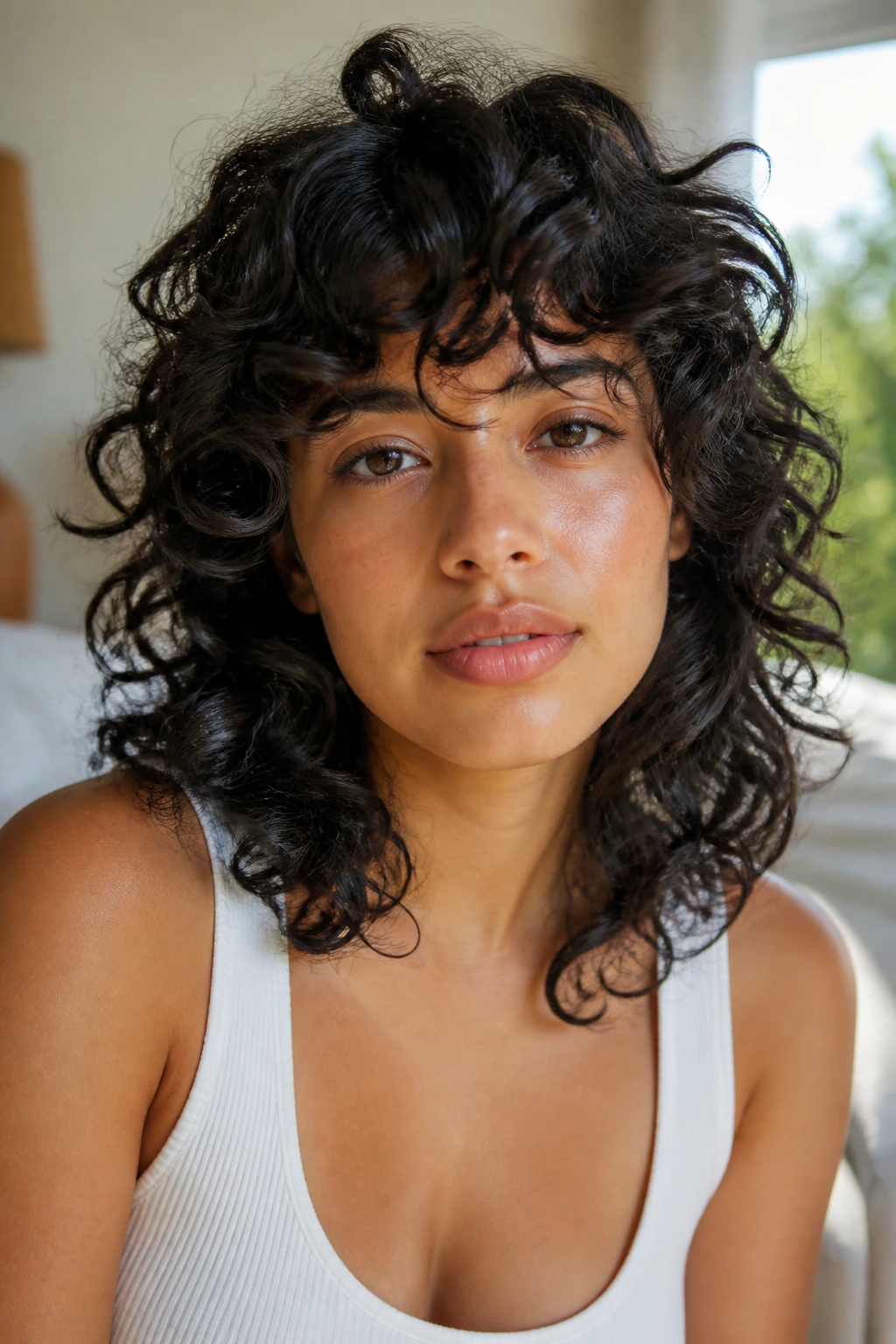 Close-up portrait of a real woman with an air-dry shag hairstyle in warm window light