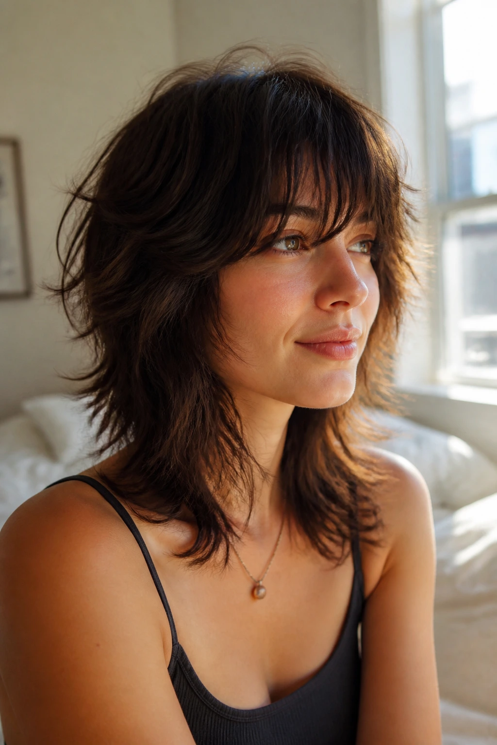 Close-up of a real woman with an air-dry shag under warm window light