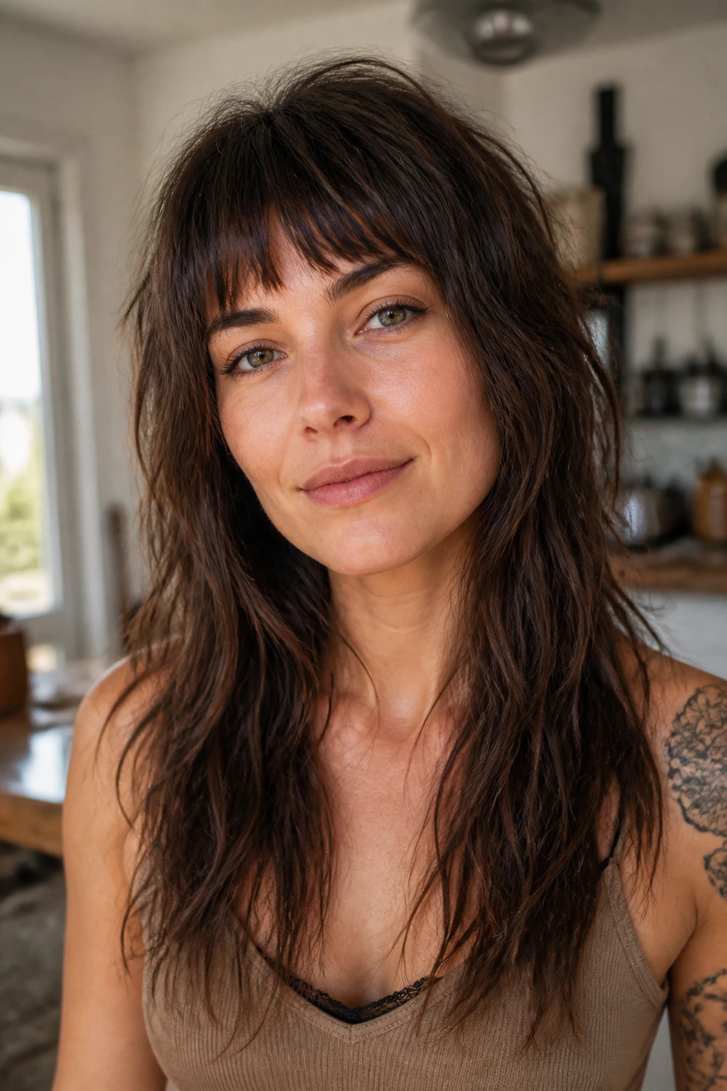 Close-up portrait of a real woman with tapered bangs in air-dry shag