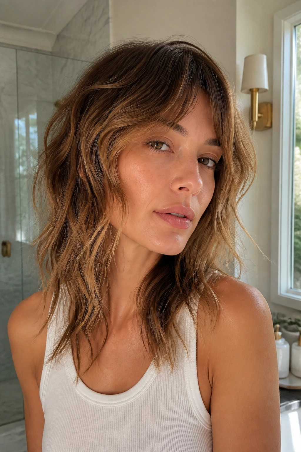 Close-up of a real woman with air-dry shag and tapered ends.