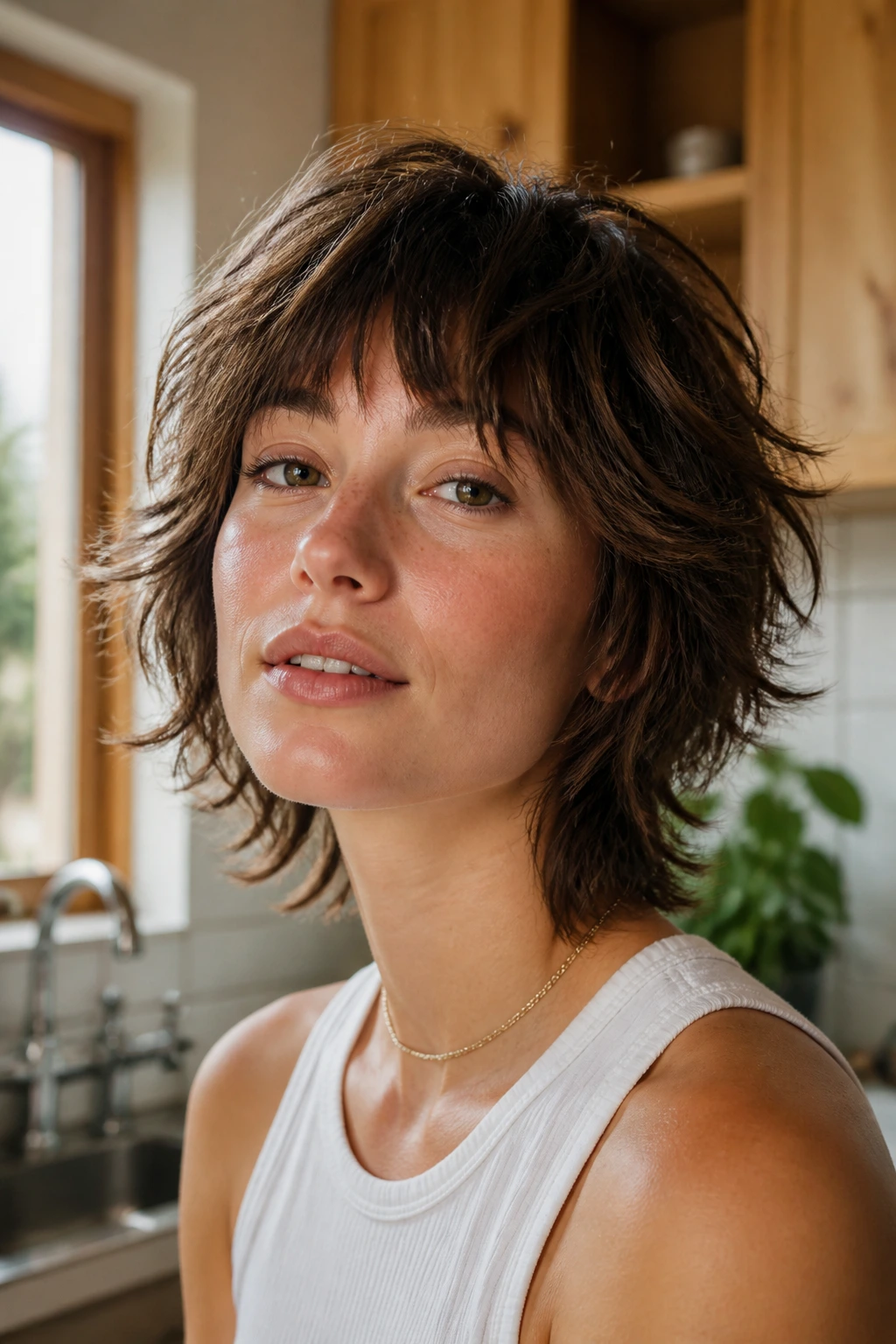 Portrait of a real person with a short layered shag styled in an air-dry soft shag variation.