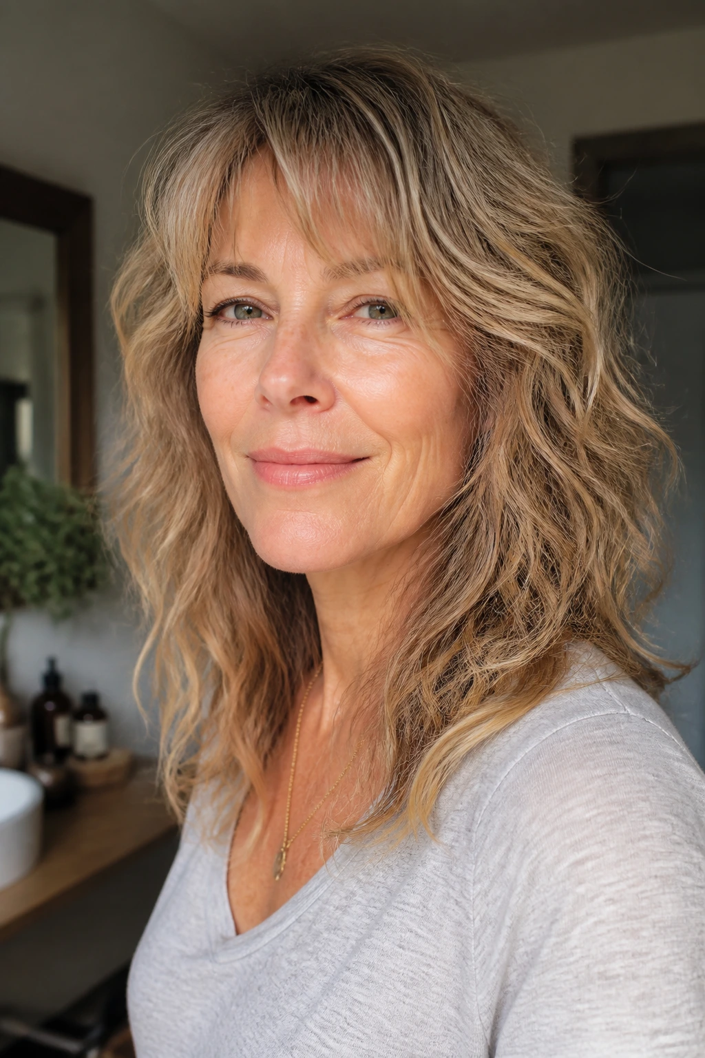 Real woman with air-dry shag showing natural wave texture in a softly lit room
