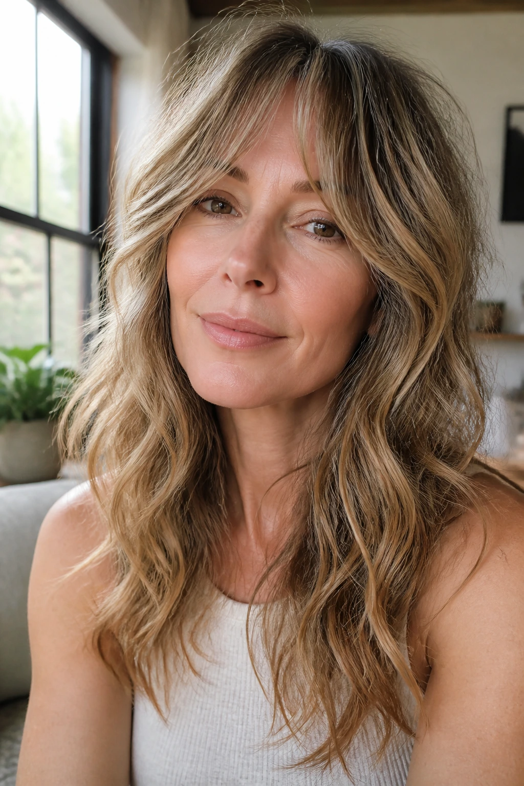 Close-up of a real woman with wavy air-dry shag
