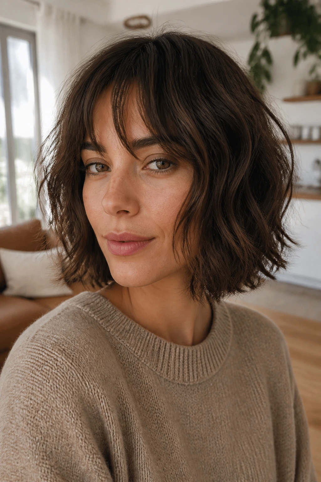 Brunette woman with a low-maintenance air-dry shaggy bob in cozy setting