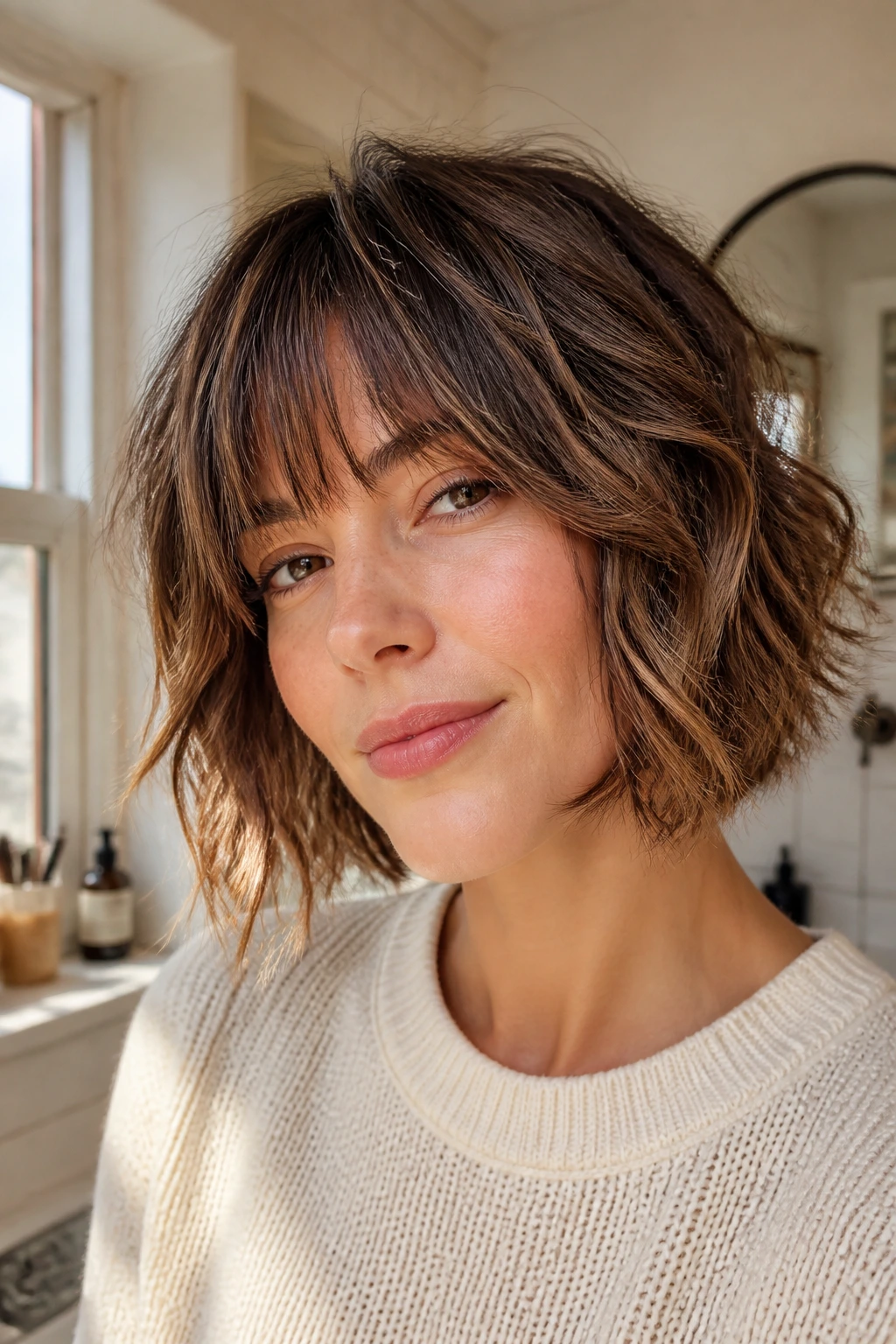 Close-up portrait of a real woman with an air-dried shaggy bob and soft fringe in warm window light