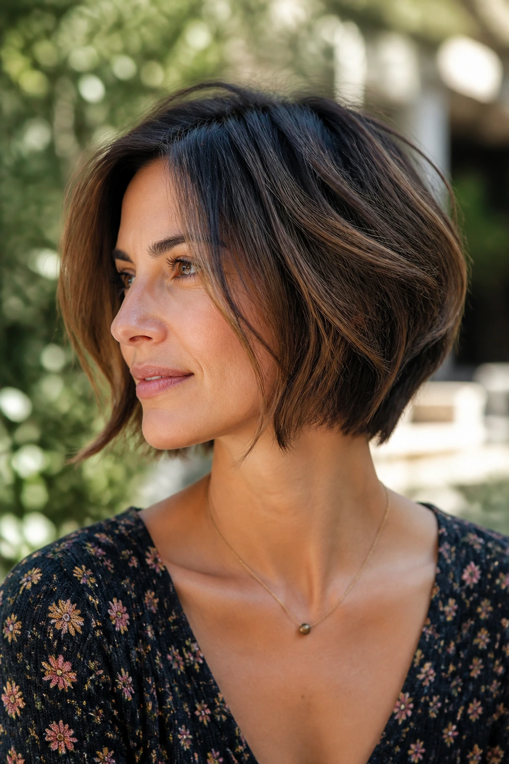 Real woman with an air-dried stacked bob in a sunlit outdoor setting