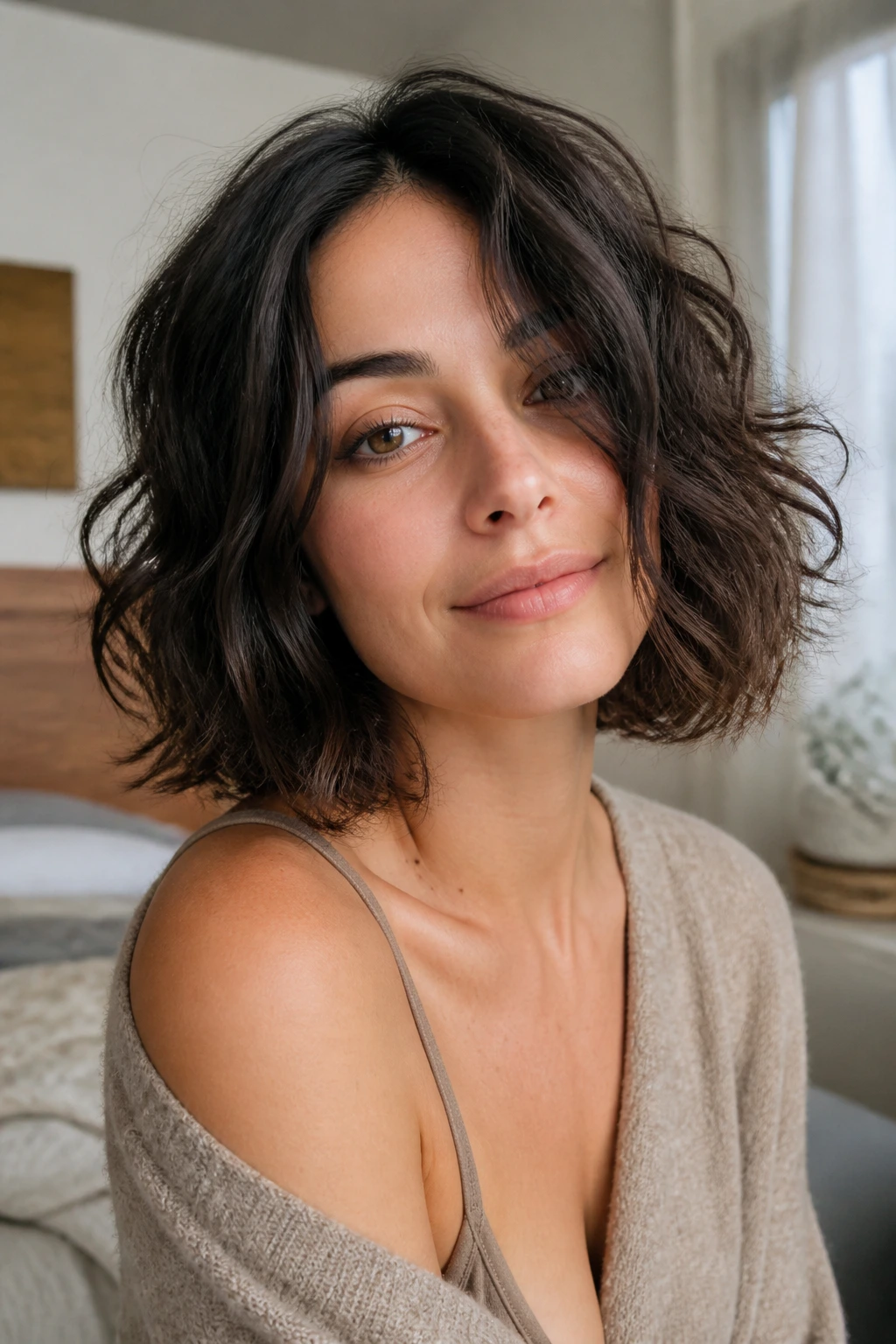 Close-up portrait of a real woman with Air-Dry Natural Texture Bob showing natural waves