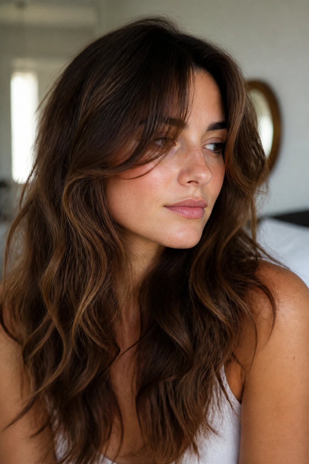 Portrait of a real woman with air-dry texture layers on wavy hair and long curtain bangs
