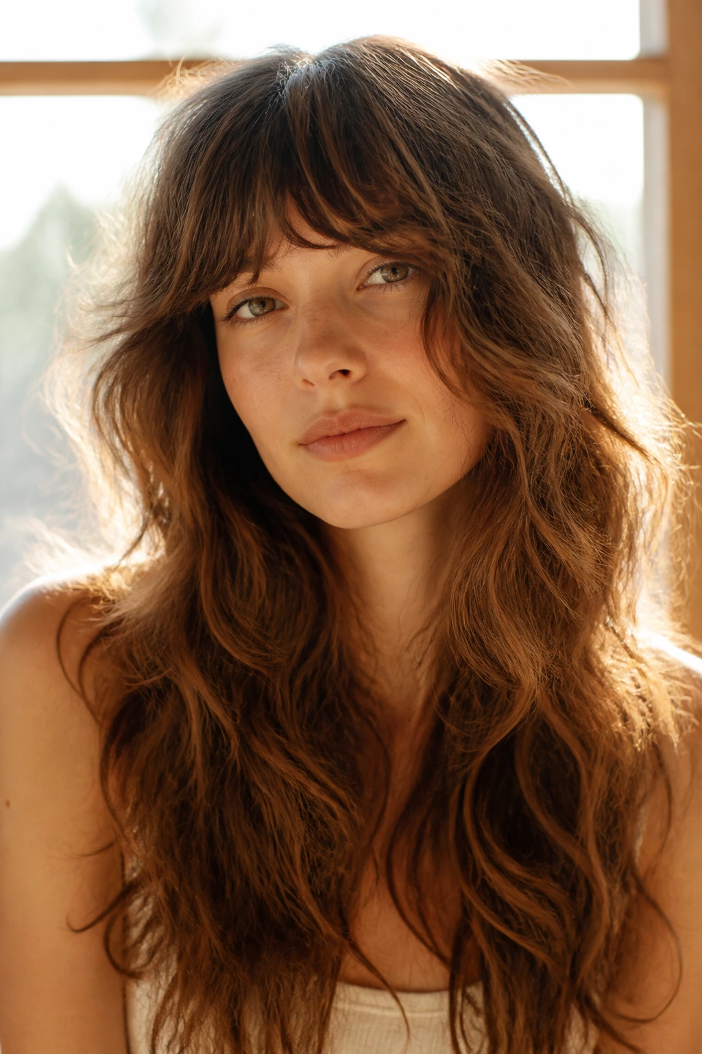 Portrait of a person with air-dried long waves and soft fringe.