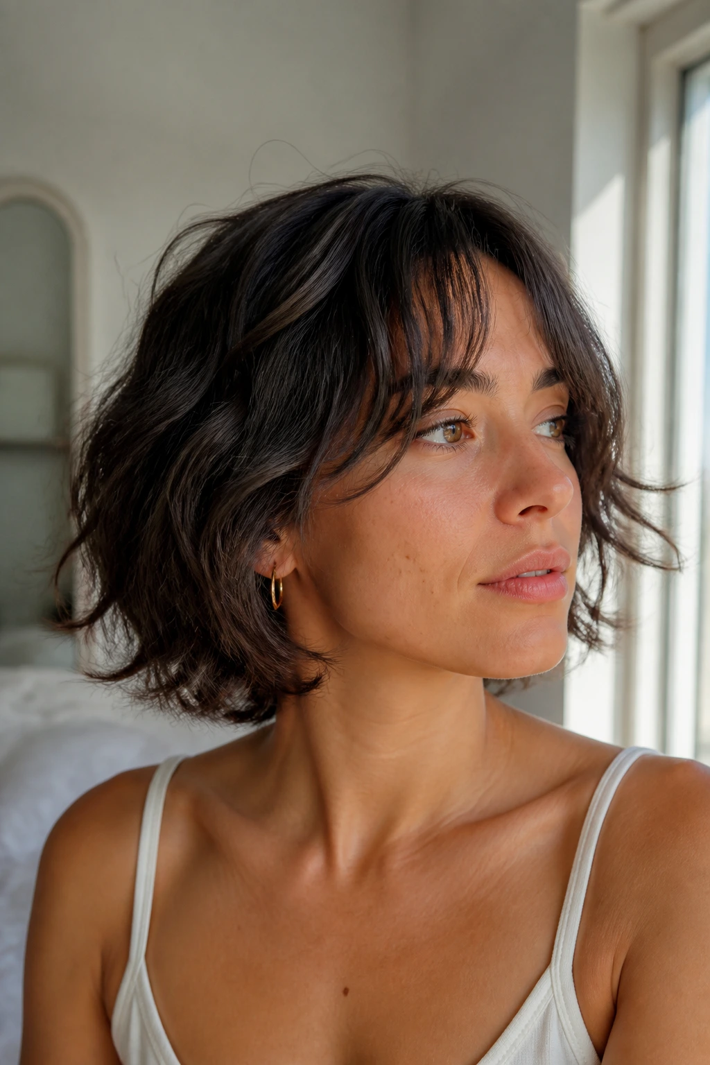 Close-up portrait of a real woman with an air-dry wave bob in a sunlit bedroom.
