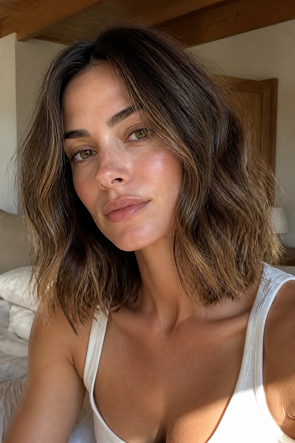 Close-up of a real woman with an Air-Dry Wave Lob featuring loose natural waves in warm window light