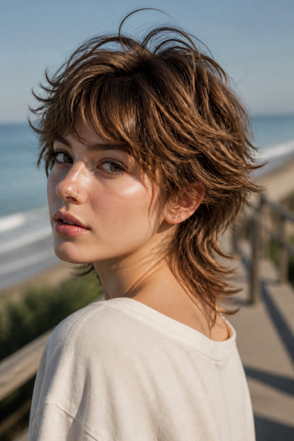 Real person portrait showing an air-dry wave mullet with natural texture by the seaside