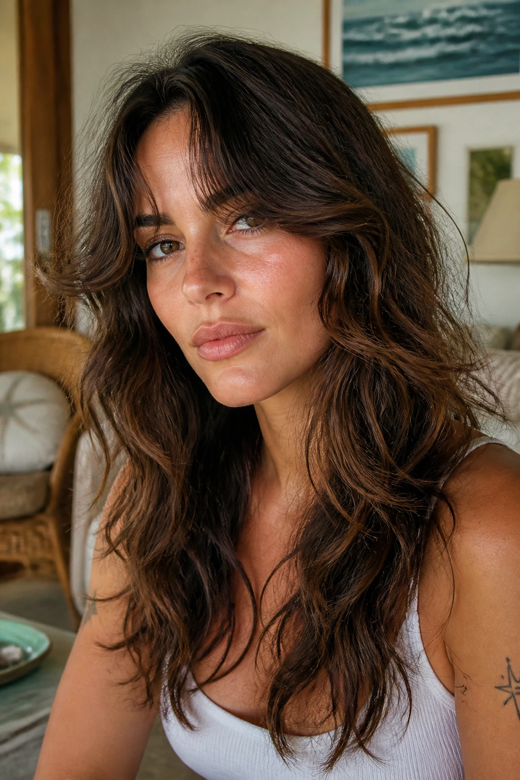 Real woman with air-dry wave shag showing natural bend in long waves.