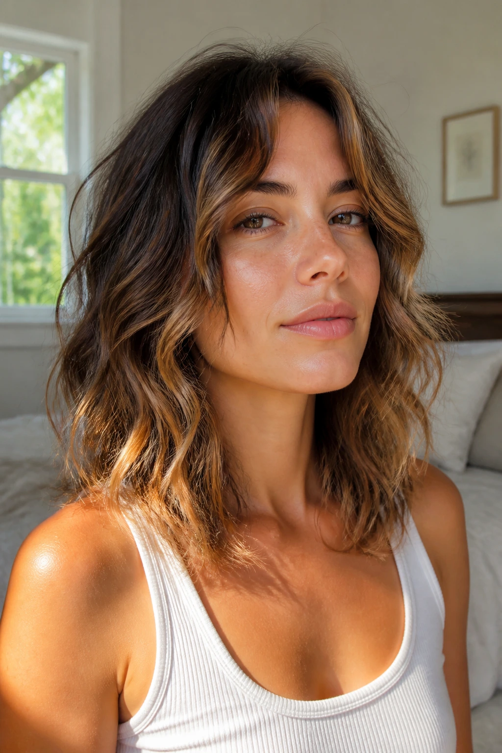 Portrait of a real person with air-dry wave layers, natural waves mid-lengths.