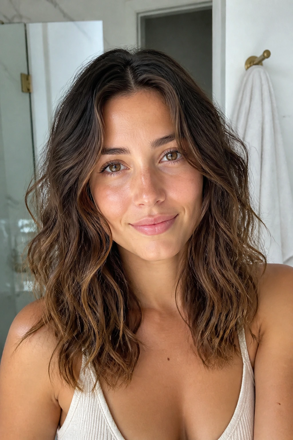 Close-up of a real woman with center-parted air-dry waves around cheeks and collarbone