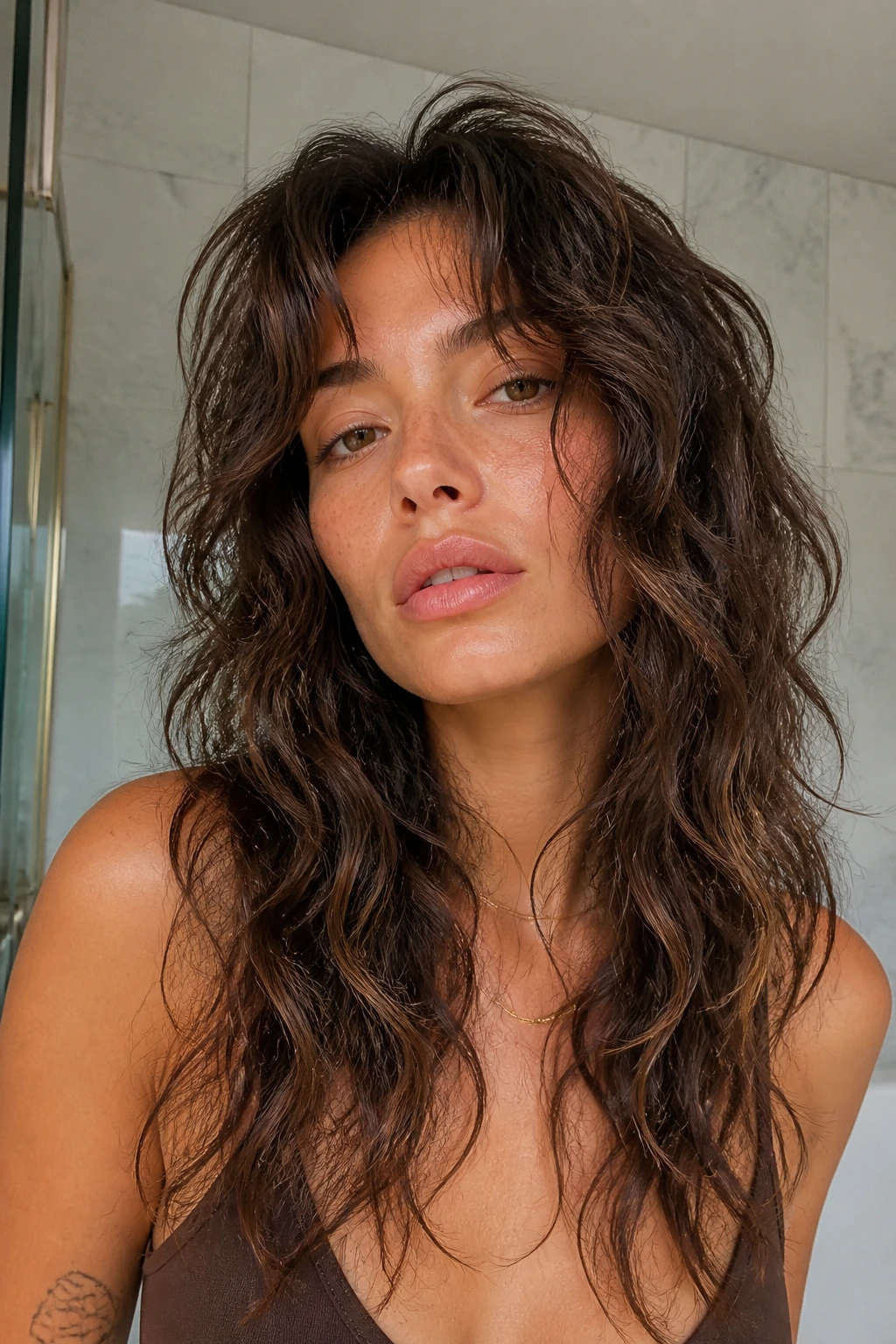 Close-up of a real woman with natural air-dried waves filling the frame