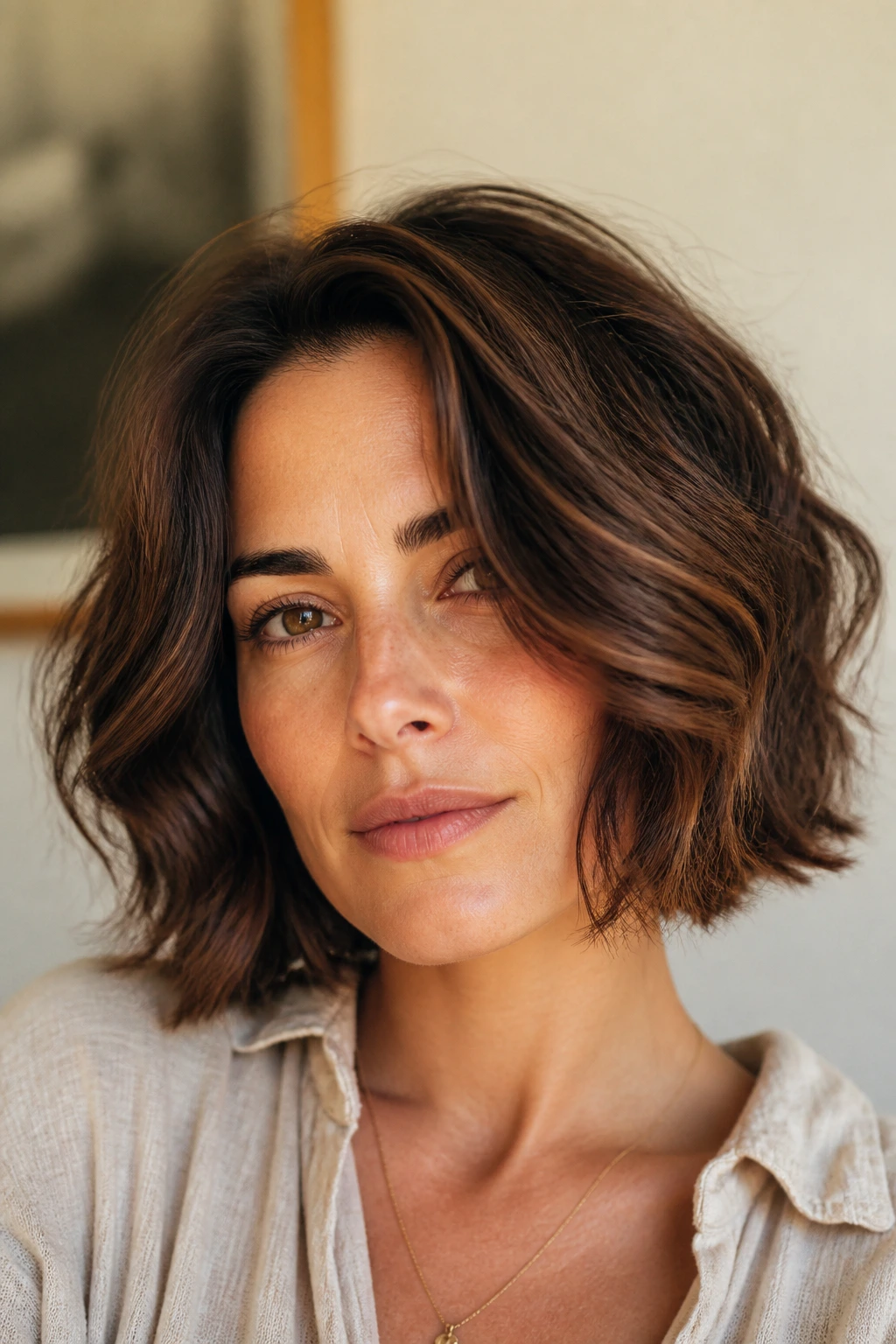 Portrait of a person with an air-dry wavy brown bob.