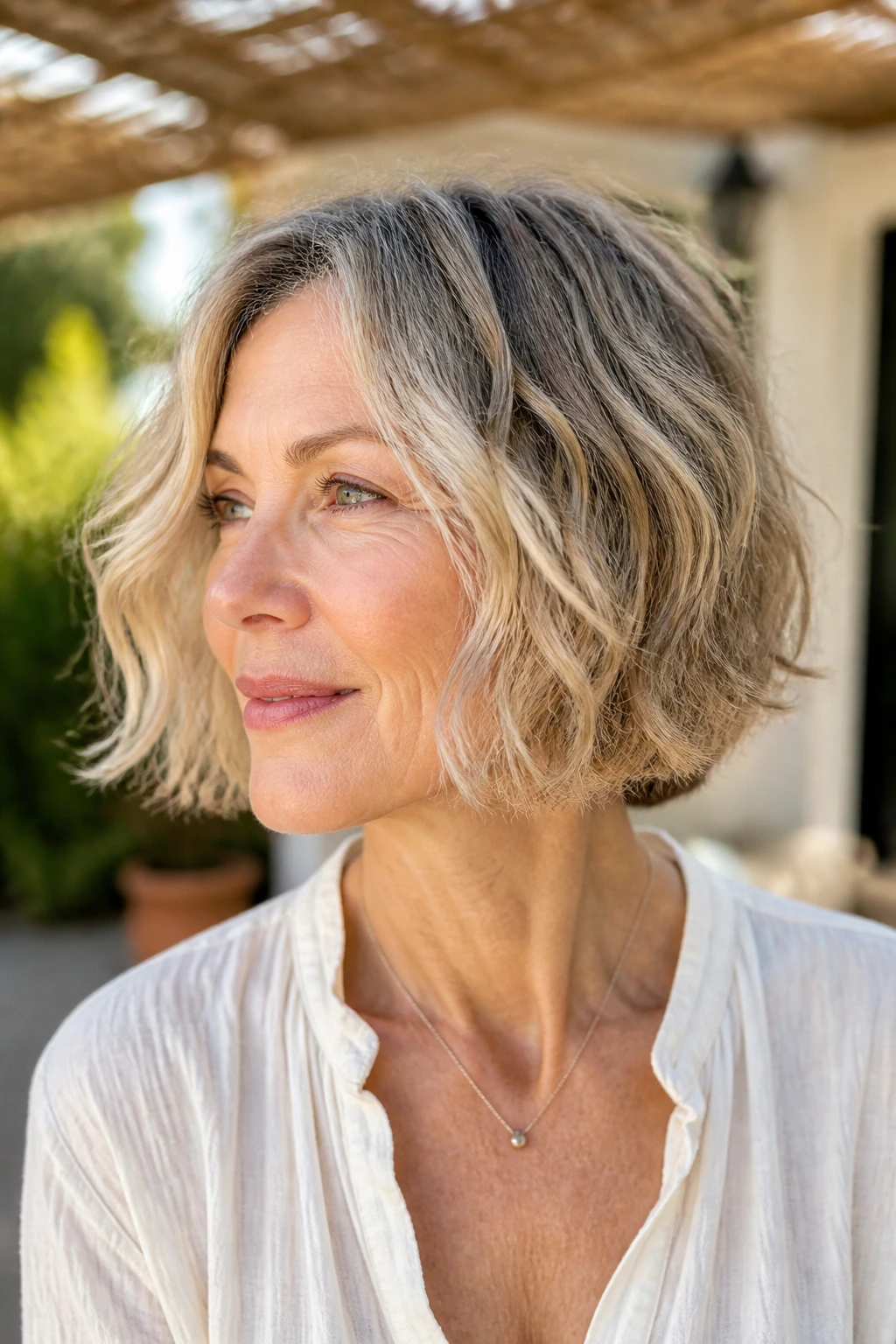 Close-up of a real woman with an air-dry wavy bob.