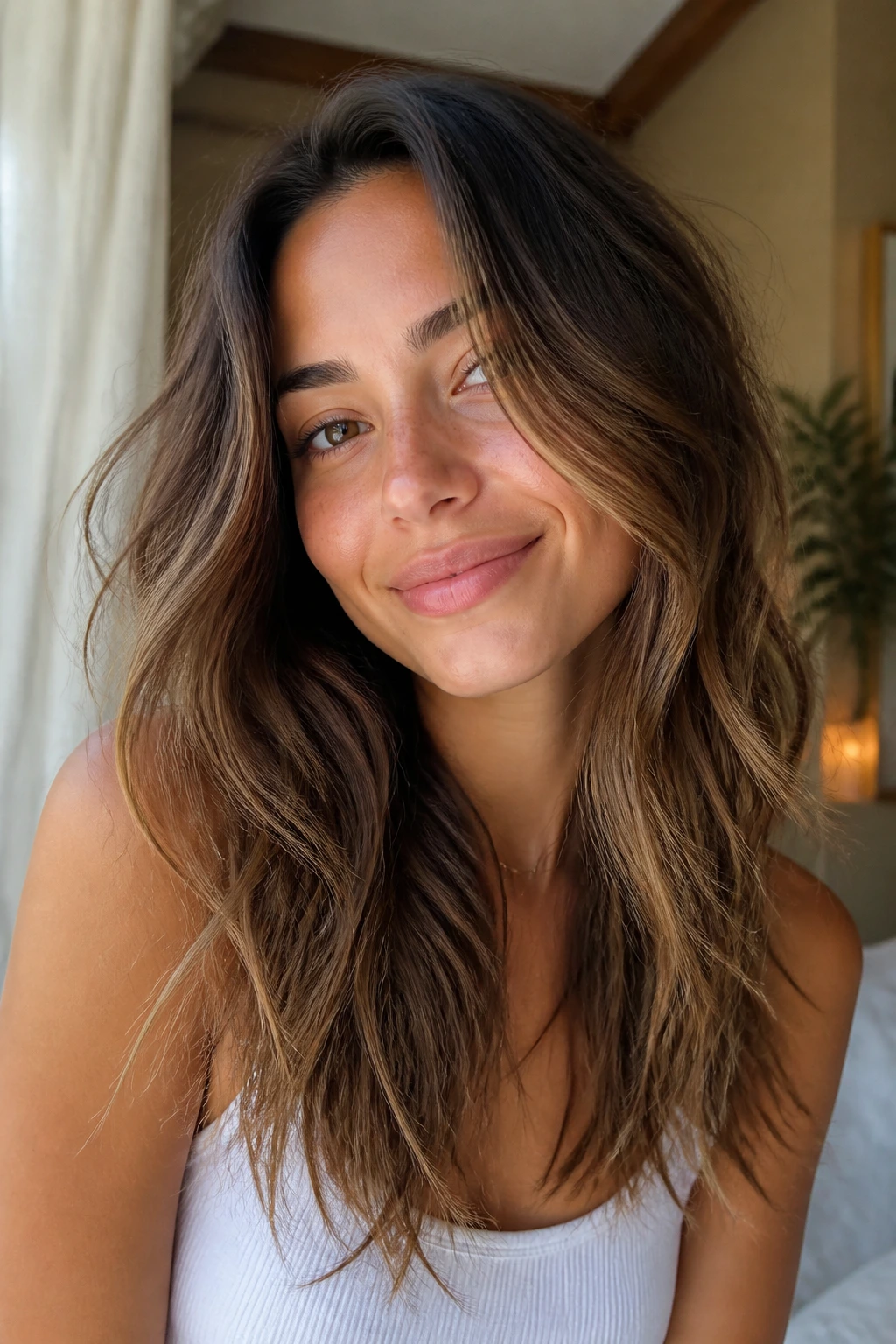 Real woman with air-dry wavy layers and natural texture.