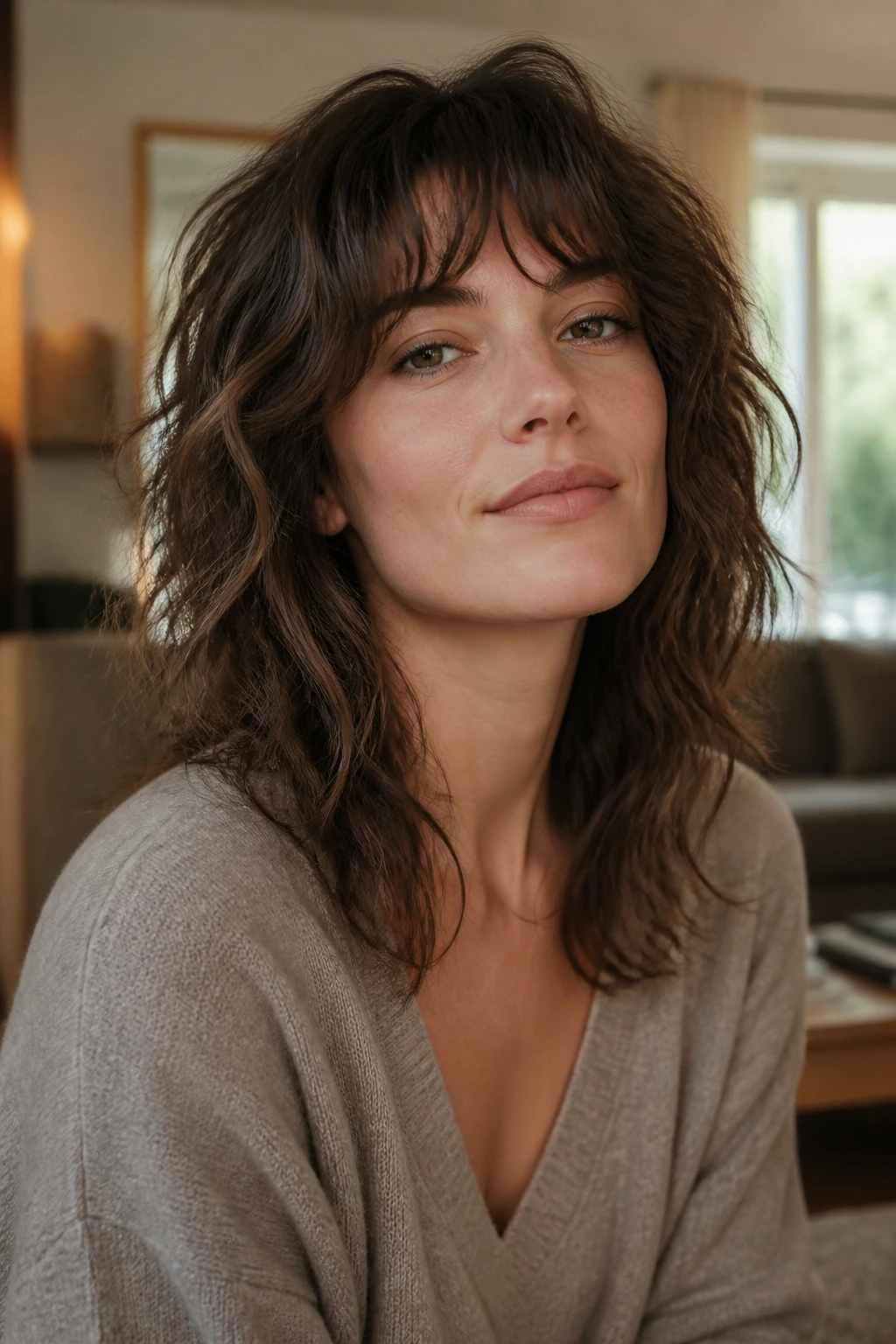 Close-up portrait of a real woman with air-dry wavy shag in natural window light