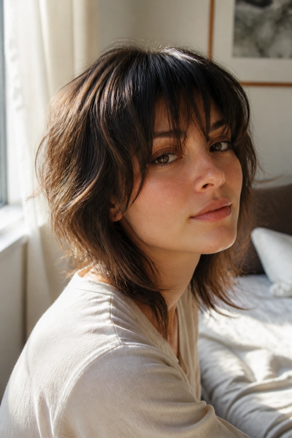 Close-up of real person with air-dry wolf cut and long bangs