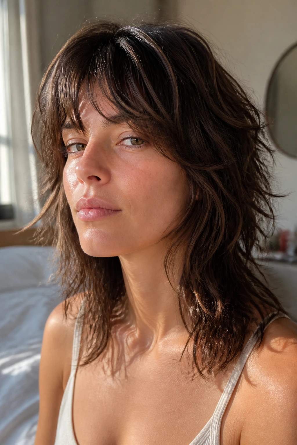 Close-up of real person with air-dry wolf cut settling into shape in sunlit room