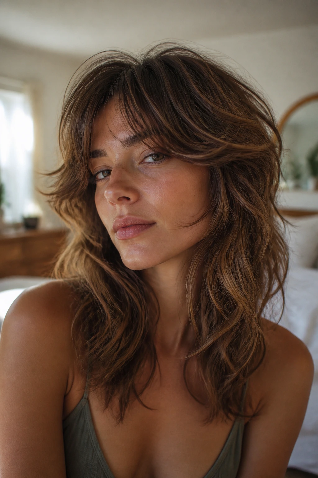 Close-up portrait of a real woman with air-dry wolf cut and loose waves