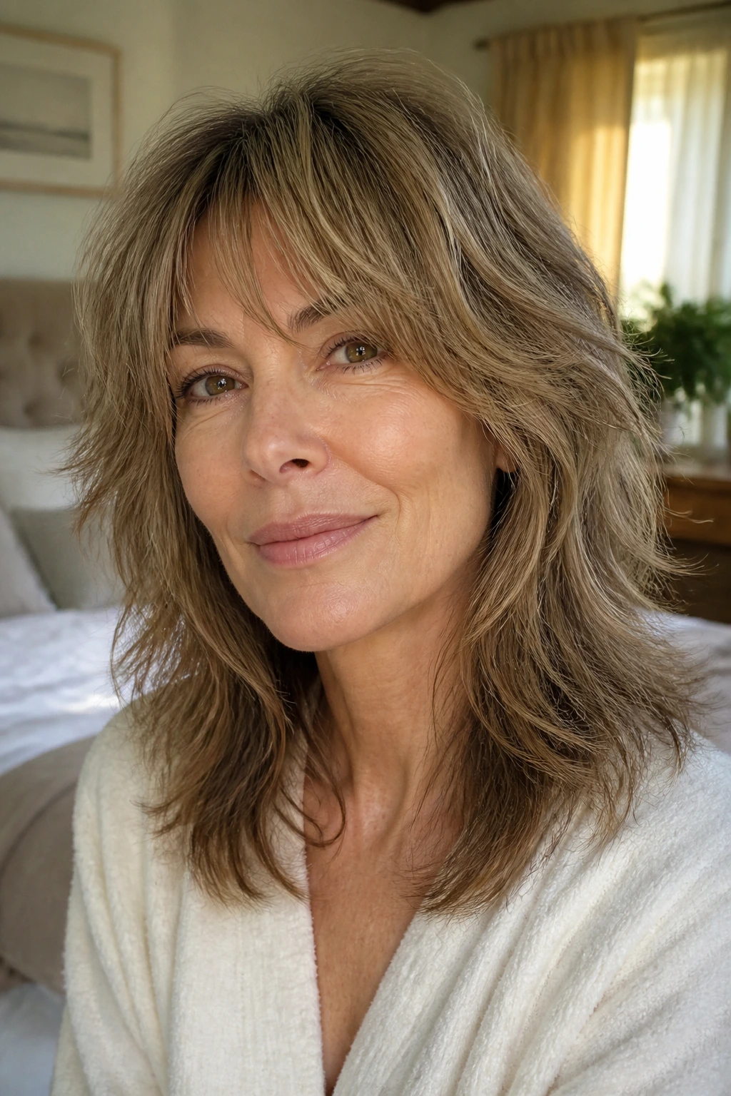 Close-up of a real person with an air-dry wolf cut in a bright bedroom