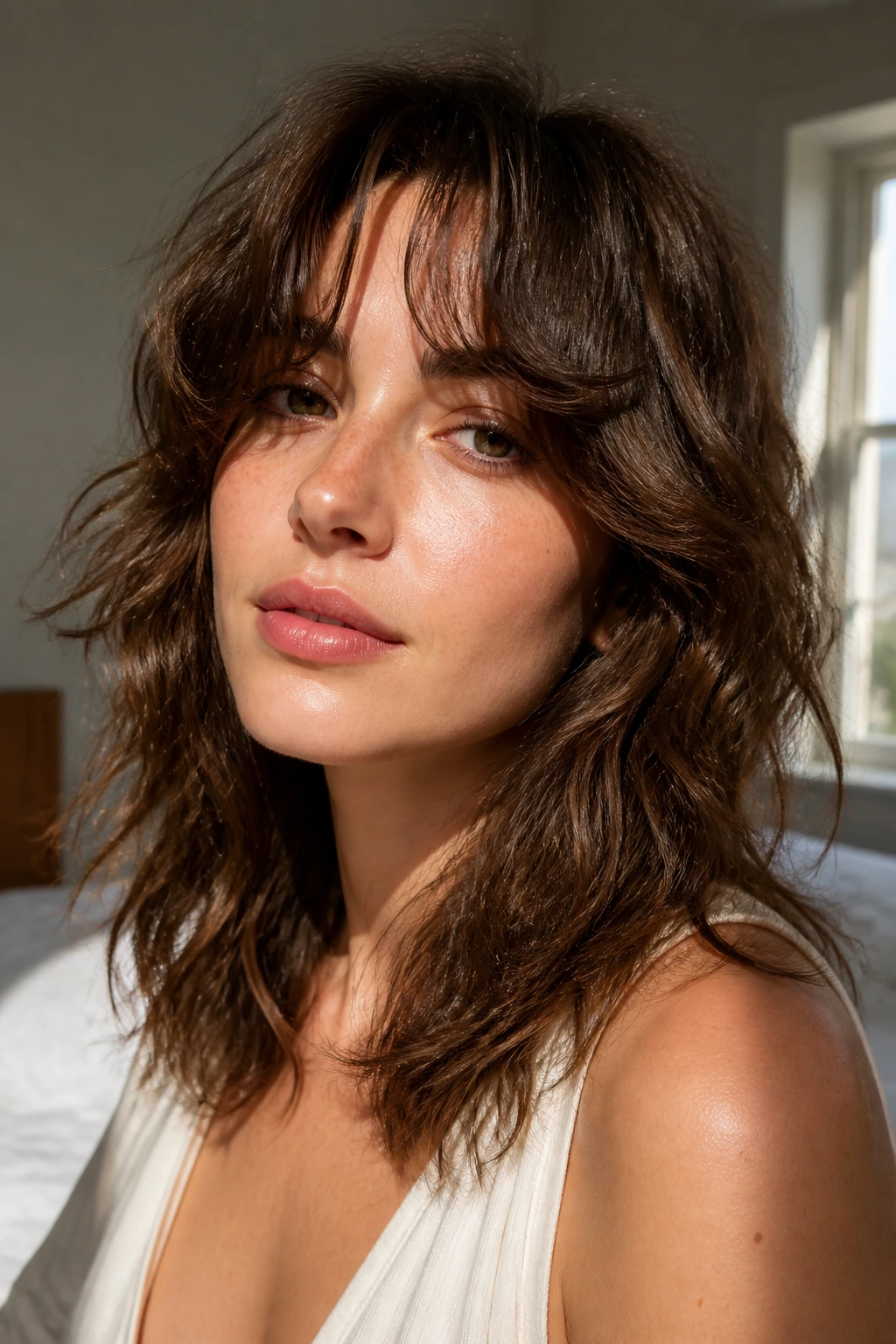 Close-up of a real woman with an air-dry-friendly wolf cut in warm window light
