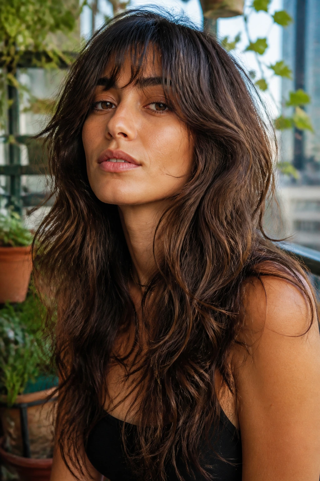Portrait of a woman with air-dry wolf shag on long wavy hair in outdoor setting