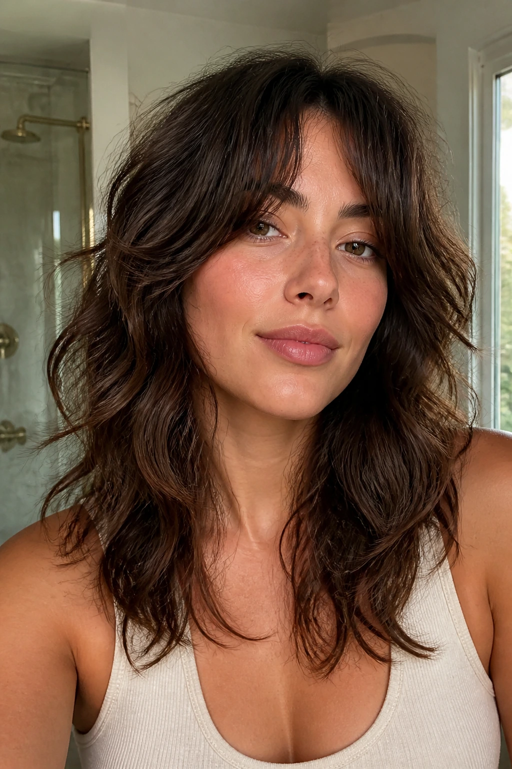 Portrait of a real person with air-dried wolf haircut and natural waves