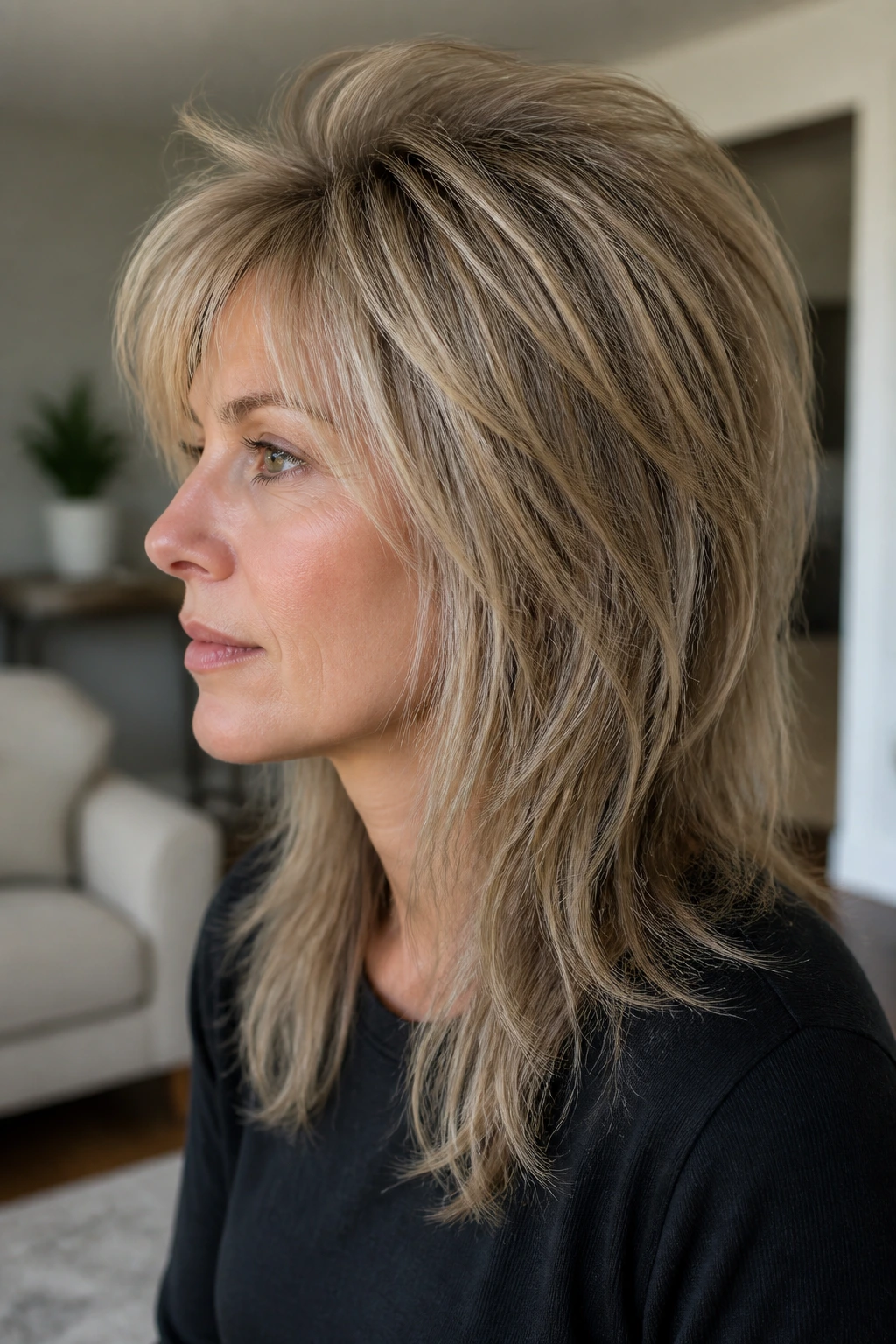 Close-up of a real person with Air-Lifted Crown Wolf hairstyle, crown lift and longer sides on fine hair.