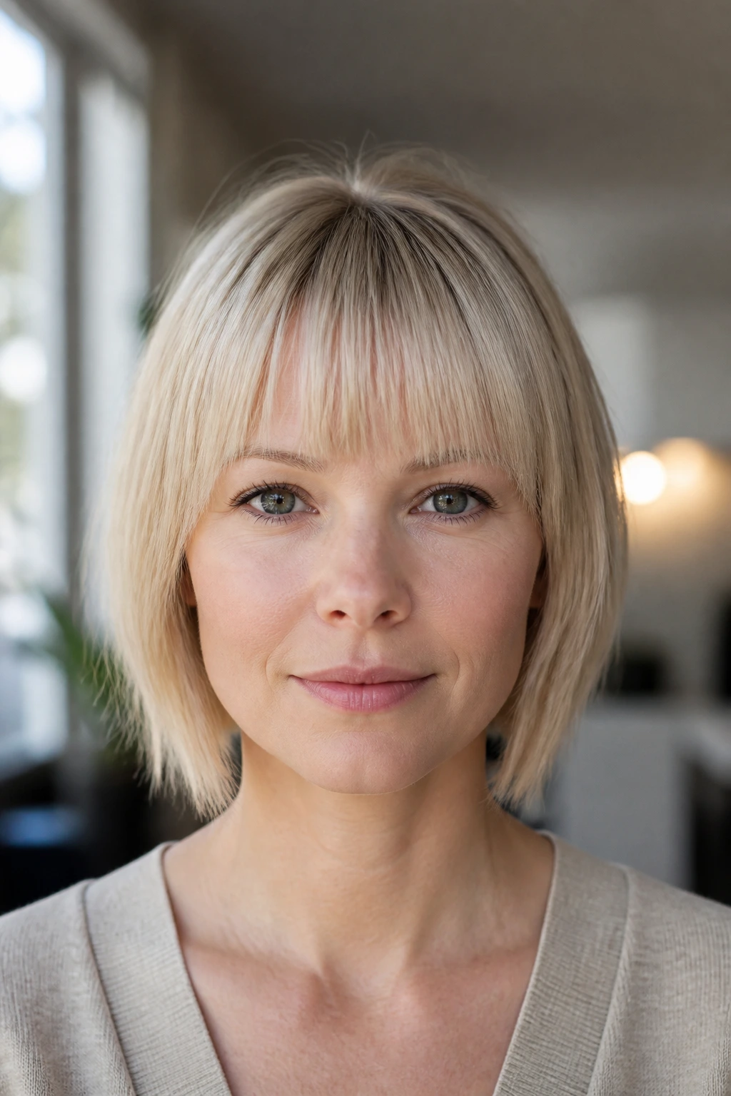 Portrait of a woman with light, straight bangs on fine hair in soft daylight.