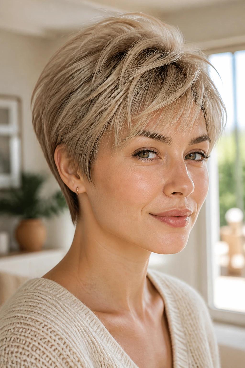 Portrait of a real woman with airy razor-cut hair showing lift at crown