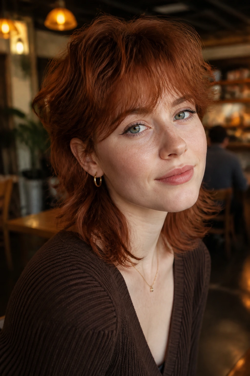 Portrait of a real person with airy auburn mullet wispy bangs in a cozy cafe setting