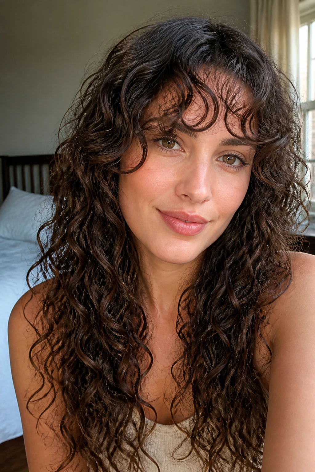 Close-up of a real woman with airy curly bangs and long layers in warm window light