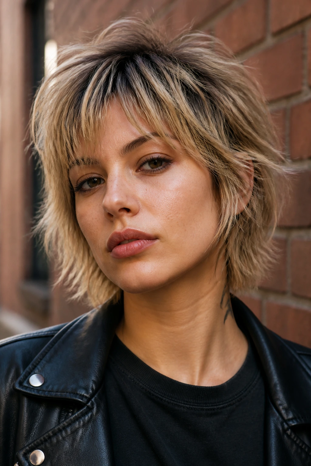 Close-up of a real woman with an airy blonde wolf cut and dark roots in an urban daylight