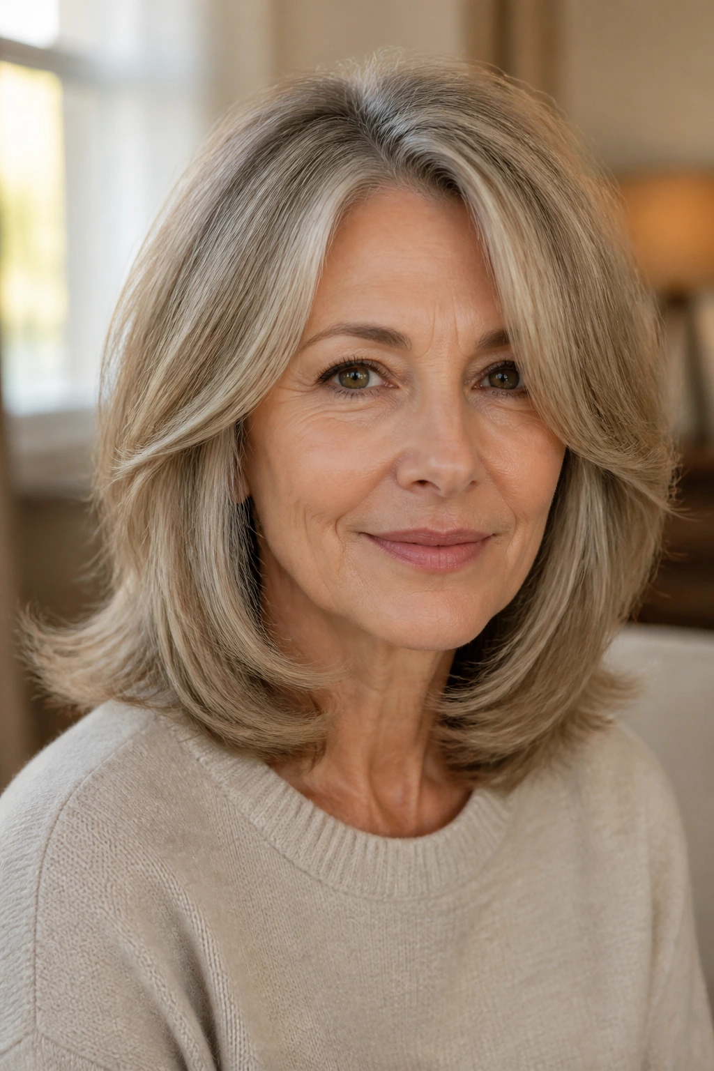 Close-up portrait of a real woman with airy blowout layers