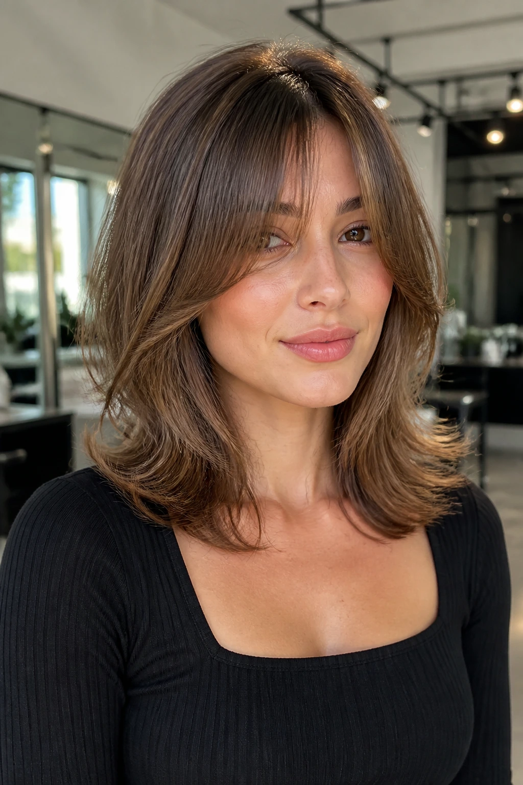 Close-up of a real woman with an airy shoulder-length blowout and lip-length fringe in a bright salon